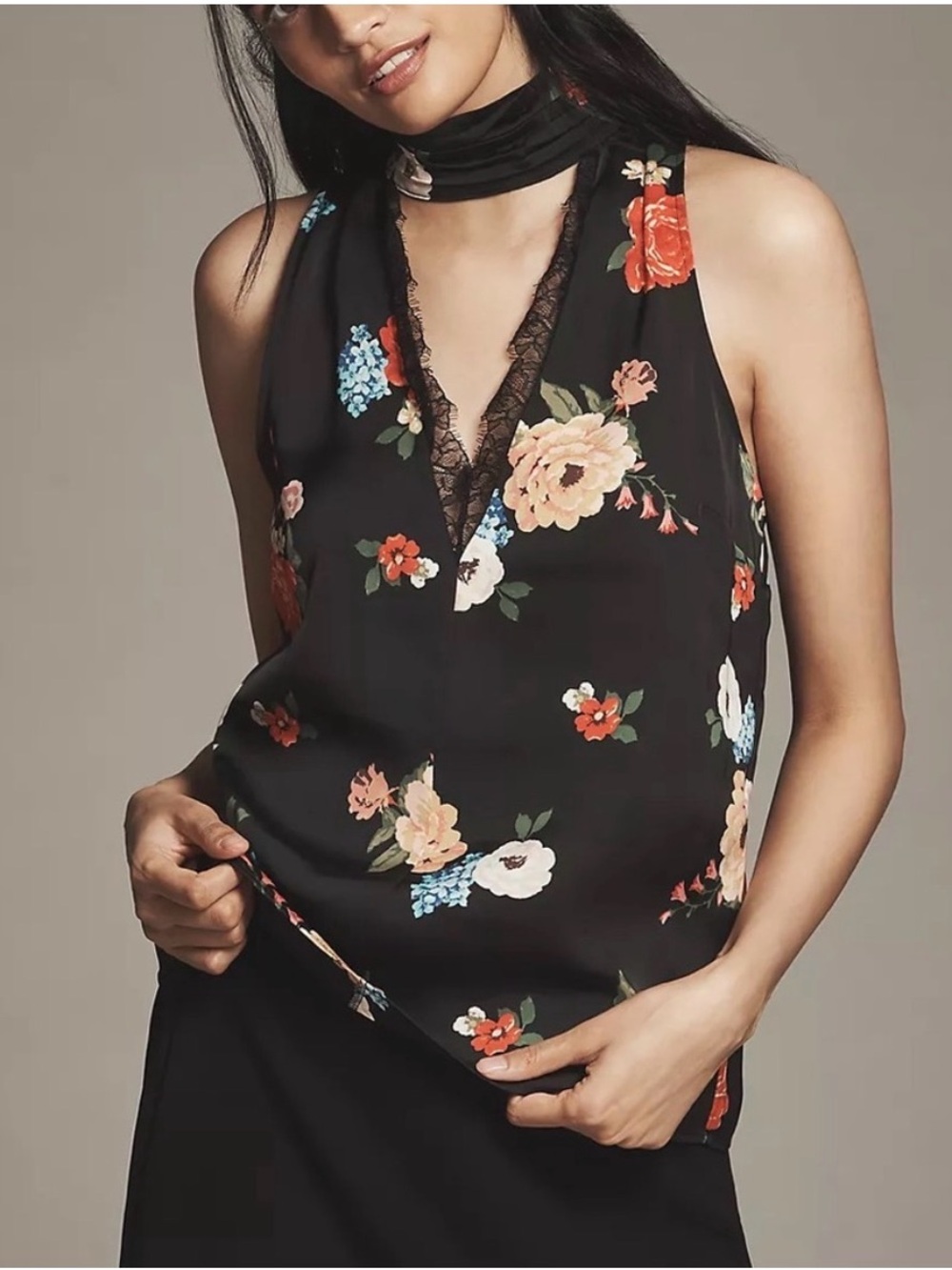 Anthropologie Black Floral Lace-Trim Halter Top